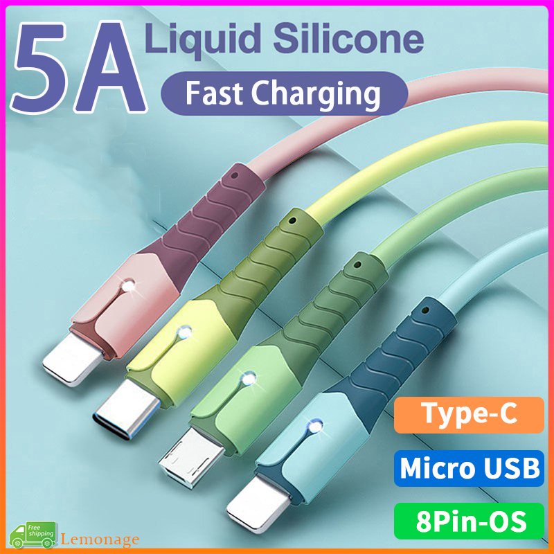 Cáp sạc nhanh silicon 5A lỏng Tương thích cho iPhone Android Micro USB Cáp dữ liệu dây sạc Type-C có đèn Led