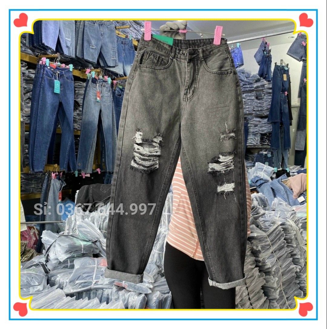 Quần baggy nữ lưng cao rách kiểu màu đen - Quần bò nữ rách phong cách bụi bặm cá tính