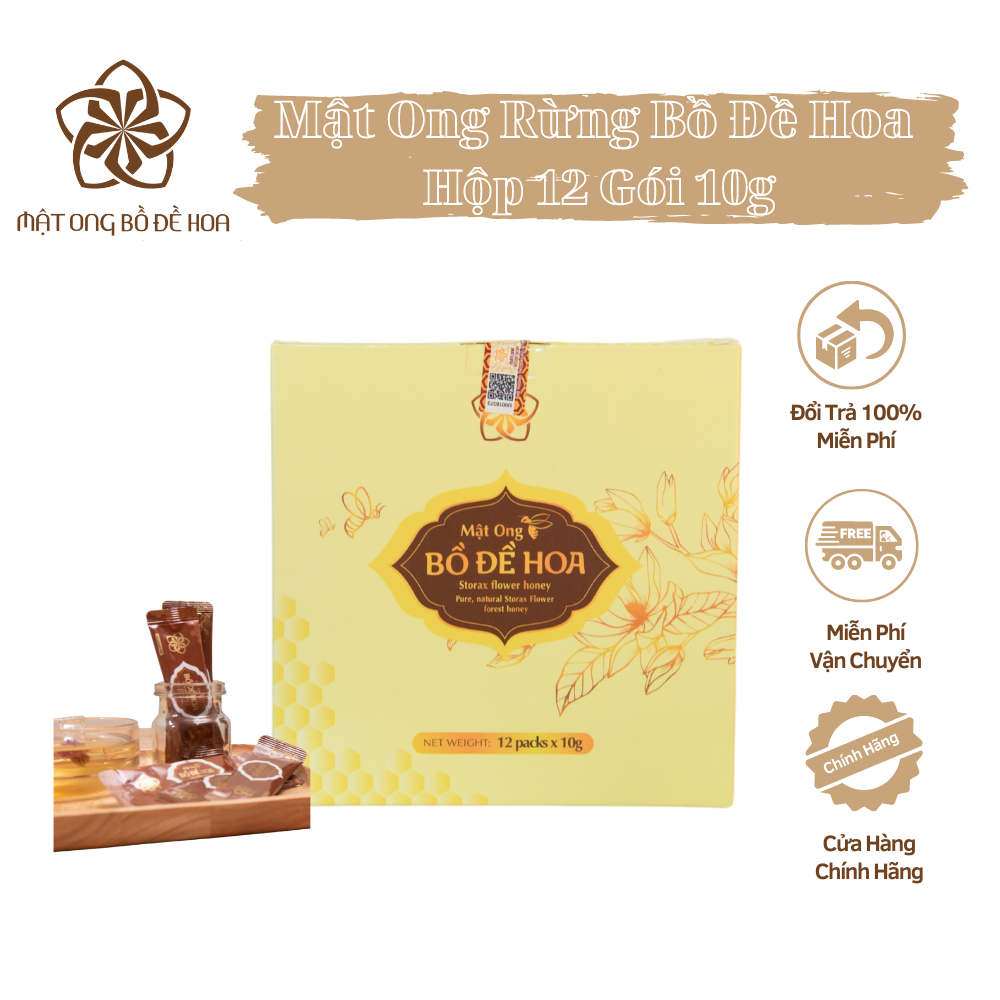 Hộp mật ong nguyên chất 12 gói x 10g - mật ong rừng dạng gói tiện dụng - mật ong bồ đề hoa