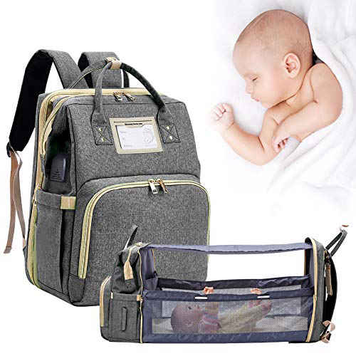 Diaper Bag Backpack MaikcQ Baby Diaper Bag with Changing Station,Travel Bassinet Crib Foldable Baby Bed Large Capacity Waterproof USB Charging Port Grey 