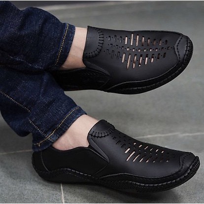 Giày hè nam đục lỗ thoáng khí nguyên liệu da bò