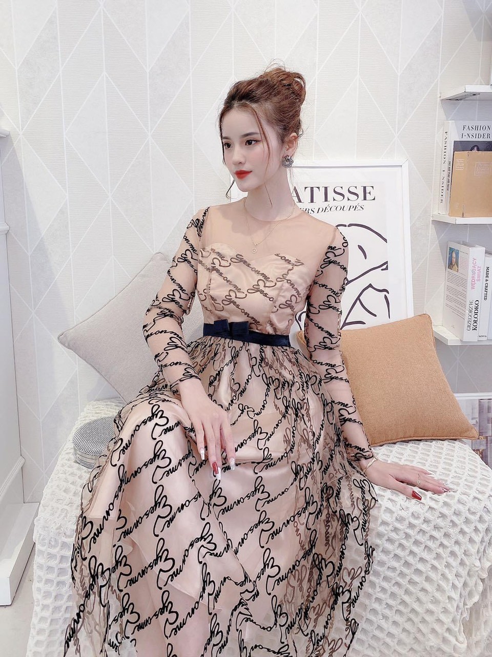 Đầm lưới tay dài dáng xòe dự tiệc sang chảnh up tt65