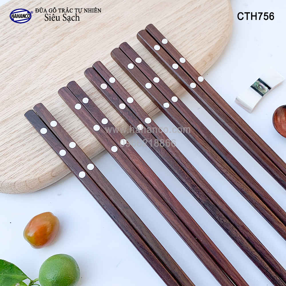 Đũa gỗ Trắc siêu sạch (CTH756) Gỗ trắc khảm 3 chấm (10 Đôi/hộp) - HAHANCO