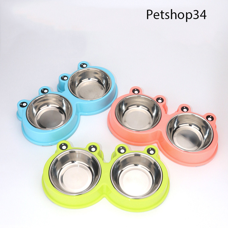 Bát ăn 2 ngăn hình ếch lòng inox cho chó mèo thú cưng-Petshop34