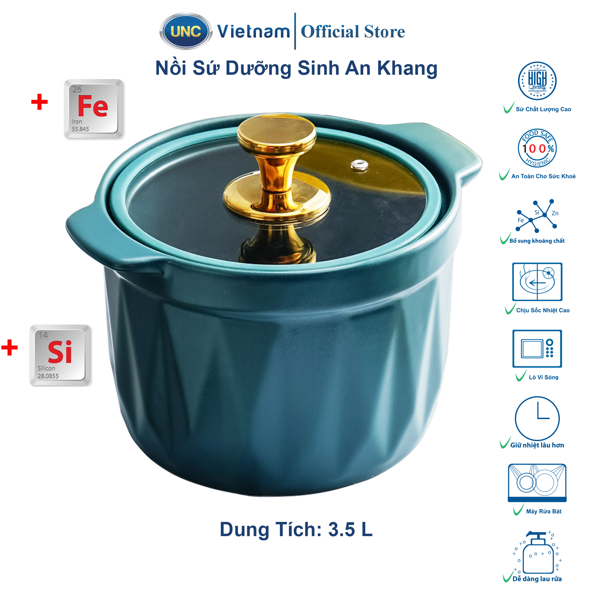 Nồi Sứ Dưỡng Sinh An Khang UNC Việt Nam - Bổ sung vi chất Fe, Si, kiểu dáng hiện đại, Dung tích 3.5L