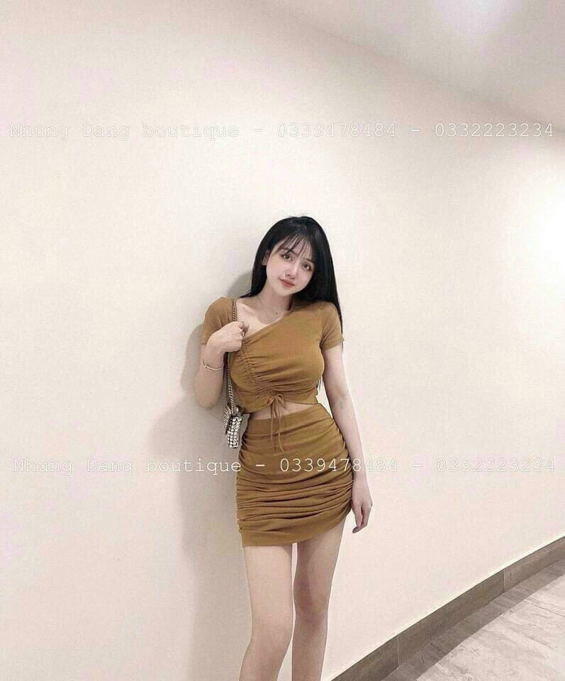 [HCM]set đầm áo tay ngắn rút dây giữa chân váy ôm body nhún chất thun gân M002