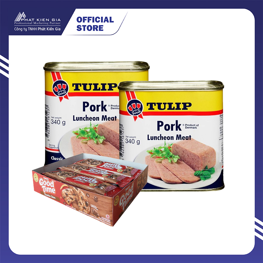 Combo 2 hộp thịt heo hộp tulip 340g + 1 gói bánh quy socola arnott's goodtime 192g