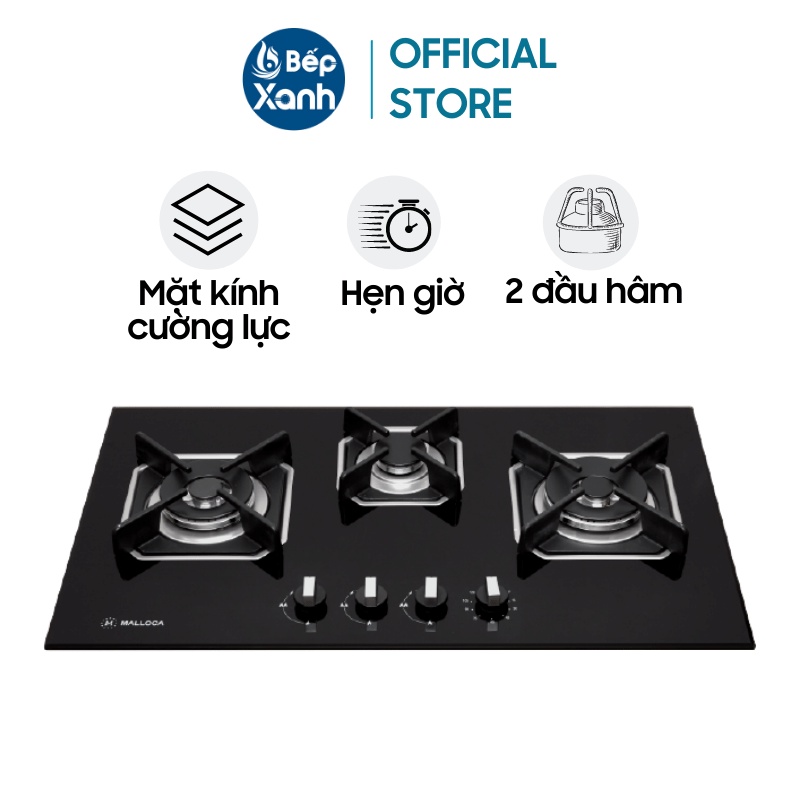 Bếp gas âm 3 gas Malloca AS 9603B - Hẹn giờ, Ngắt gas tự động, Kiềng gang chắc chắn, Hẹn giờ vùng bếp phải - Hàng chính hãng - Bảo hành 3 năm