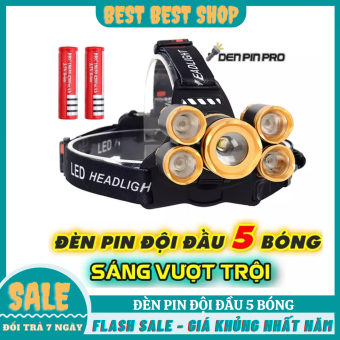 Đèn Pin Đội Đầu Siêu Sáng 5 Bóng Gồm 1 Đèn 5 Bóng + 2 Pin Sạc 18650 + 1 Củ Sạc, Đèn Led Đội Đầu 5 Bóng Siêu Sáng,Đèn Đội Đầu