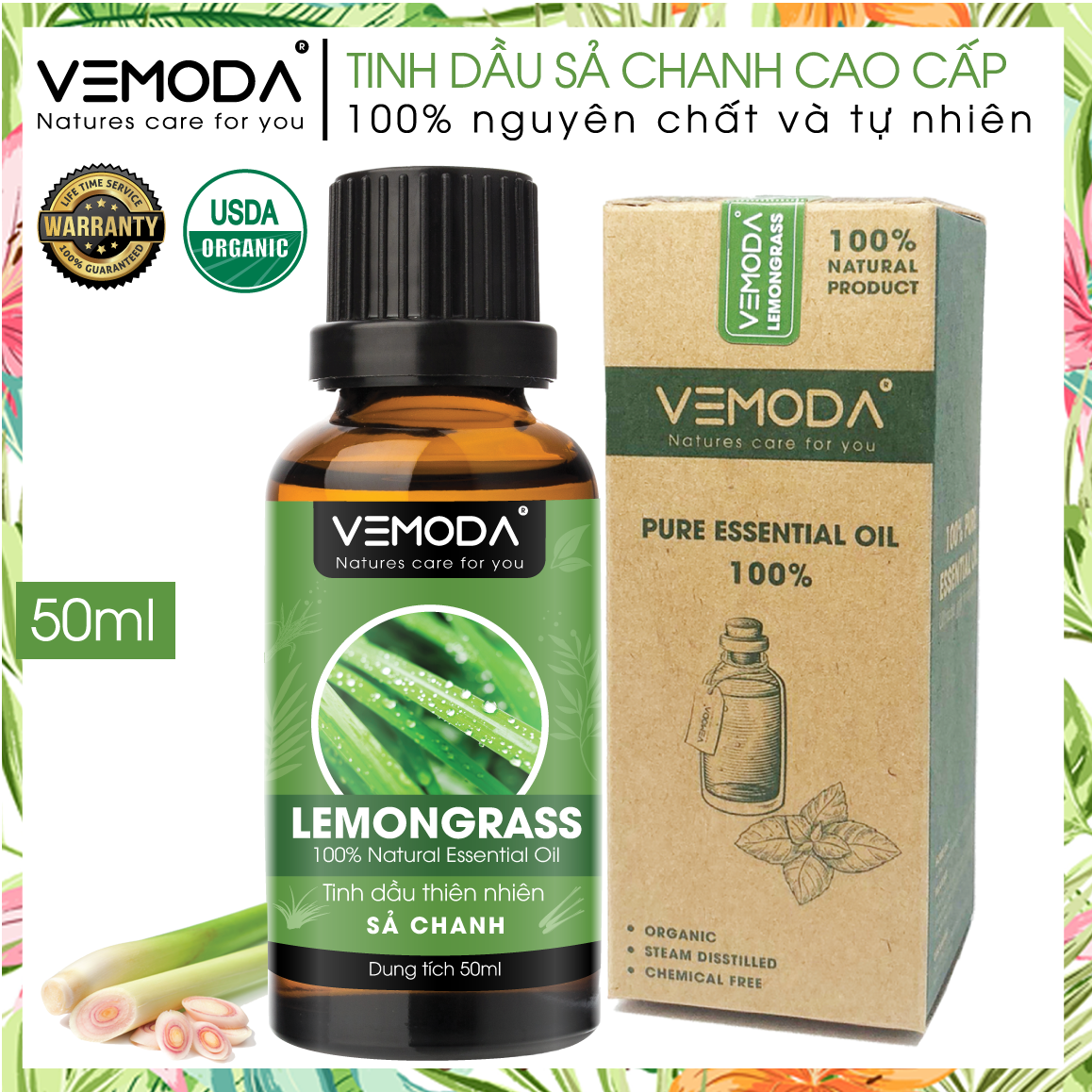 Tinh dầu Sả chanh cao cấp Vemoda. Tinh dầu xông phòng, khử mùi, kháng khuẩn. Tinh dầu đuổi muỗi. Tinh dầu thơm phòng ngủ, thơm quần áo.