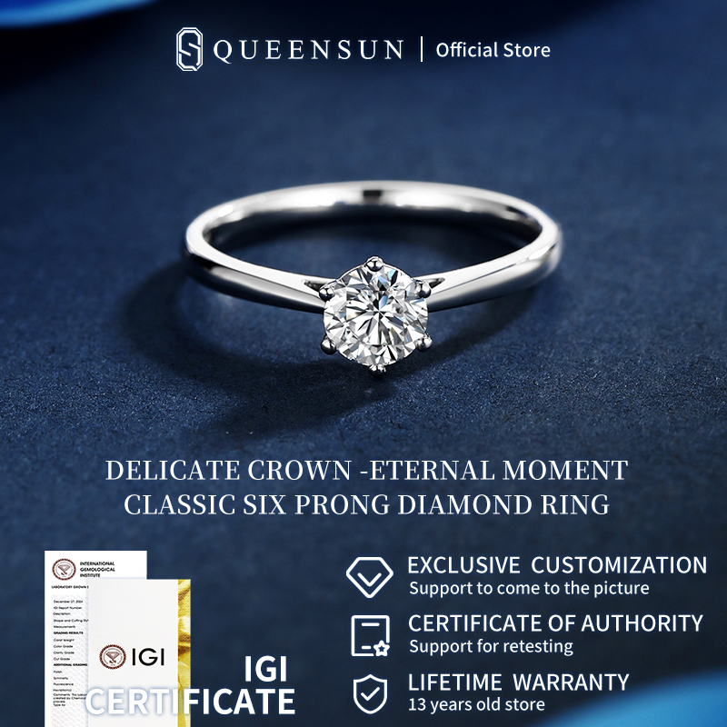 QUEENSUN 18K Gold  Six Claw Setting Fine Lab Grown Diamond Ring Luxury 1 Carat  Wedding Proposal Ring细六爪真钻戒指wedding band ring/ring for women