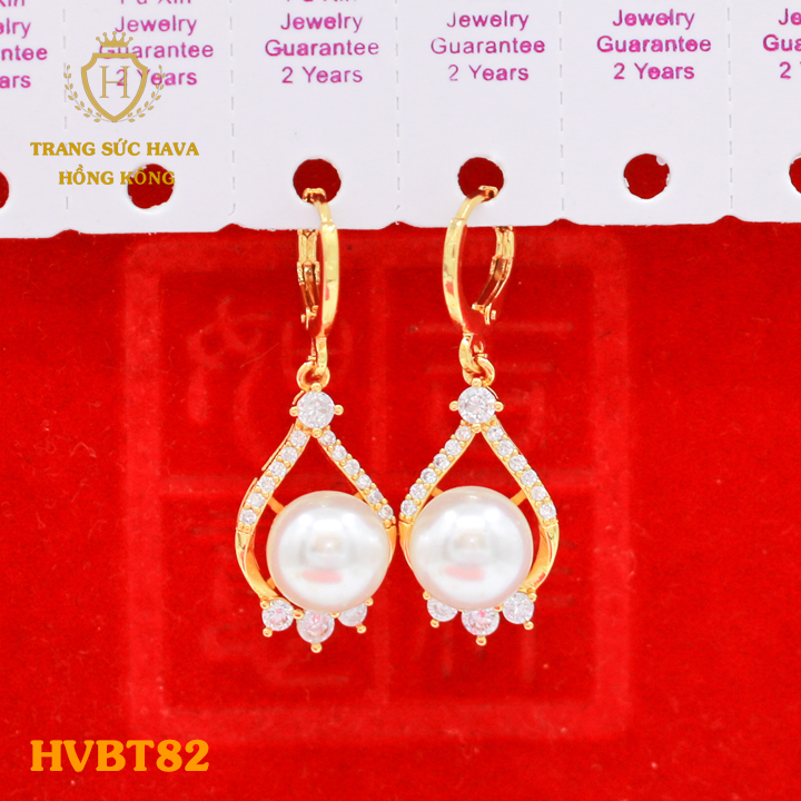 Bông Tai, Khuyên Tai, Hoa Tai Nữ Mặt Ngọc Trai Dáng Dài, Titan Xi Mạ Vàng Non 24k Thật Cao Cấp - Trang Sức Hava Hong Kong