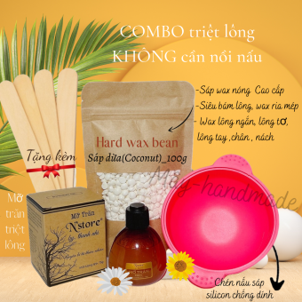 Combo Sáp wax lông nóng hạt đậu 100g + mỡ trăn triệt lông Nstore+ chén nấu sáp silicon chống dính