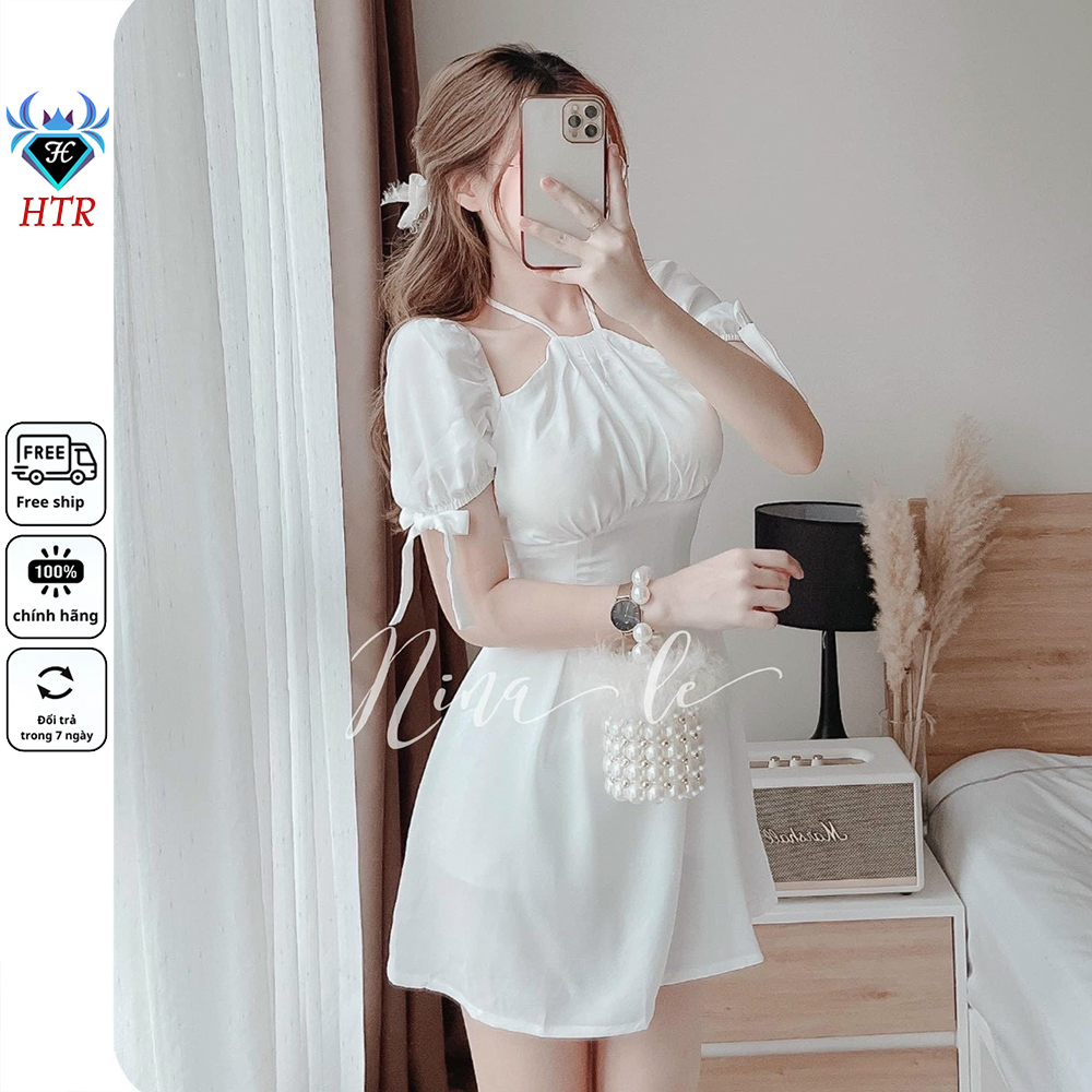 Đầm dự tiệc đầm nữ dạo phố V-TRẮNG-368 cổ yếm tay phồng dáng bánh bèo sang chảnh - HTR Fashion