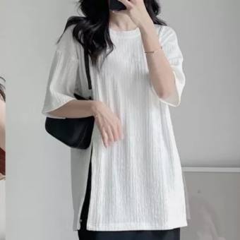 Áo phông nữ cổ tròn xẻ tà 1 bên, áo thun nữ tay lỡ phom rộng 3 màu cá tính, trẻ trung