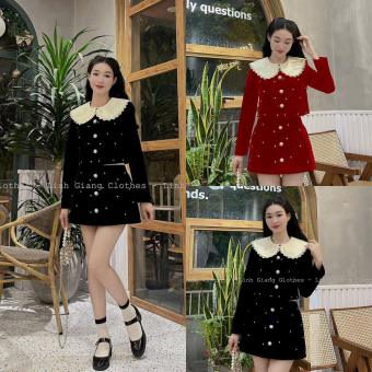 Set bộ nhung áo phối cổ bèo trắng tay dài đính ngọc kèm chân váy ngắn dễ thương