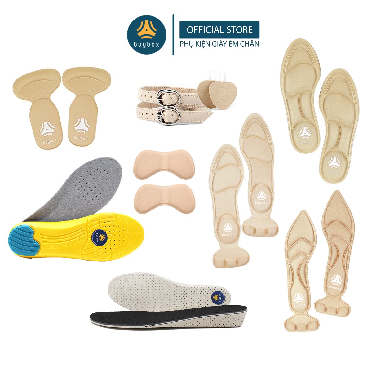 Bộ 08 món phụ kiện giày êm chân buybox gồm lót chống trầy, lót thể thao, quai giày vòng cổ chân, lót bảo vệ gót 2 trong 1, lót độn đế, lót nguyên bàn, lót cho giày mũi nhọn