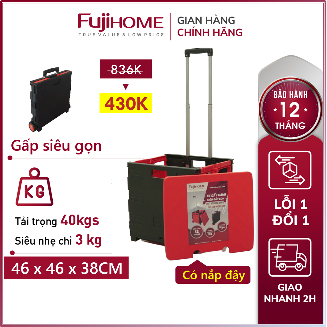 Xe kéo hàng hình hộp vali gấp gọn 2 bánh Nhật Bản Nhập Khẩu Fujihome, xe đẩy hàng valy xếp gọn đi chợ, ô tô mini đa năng siêu thị, ô tô