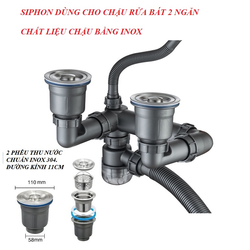 Xiphong dùng cho chậu rửa bằng Inox, 2 rốn thu nước 110mm. Loại siêu to, siêu bền