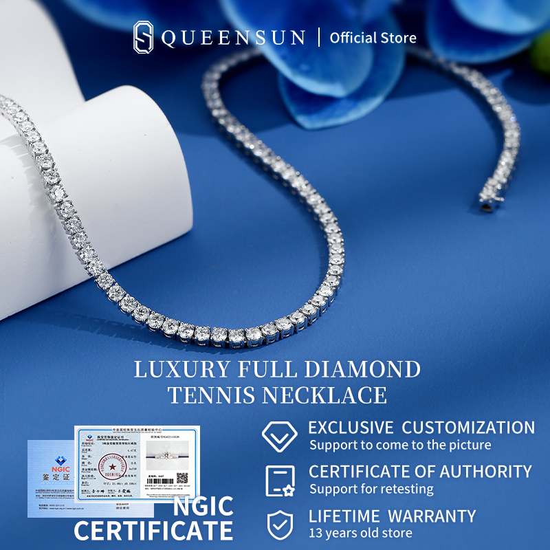 Queensun  round bright cut tennis necklace IGI GIA diamond necklace18k gold plating 14k 18k white gold 1-5Carats CVD HPHT lab Grown diamond网球链钻石项链vintage necklace/korean style necklace/minimalist pendant