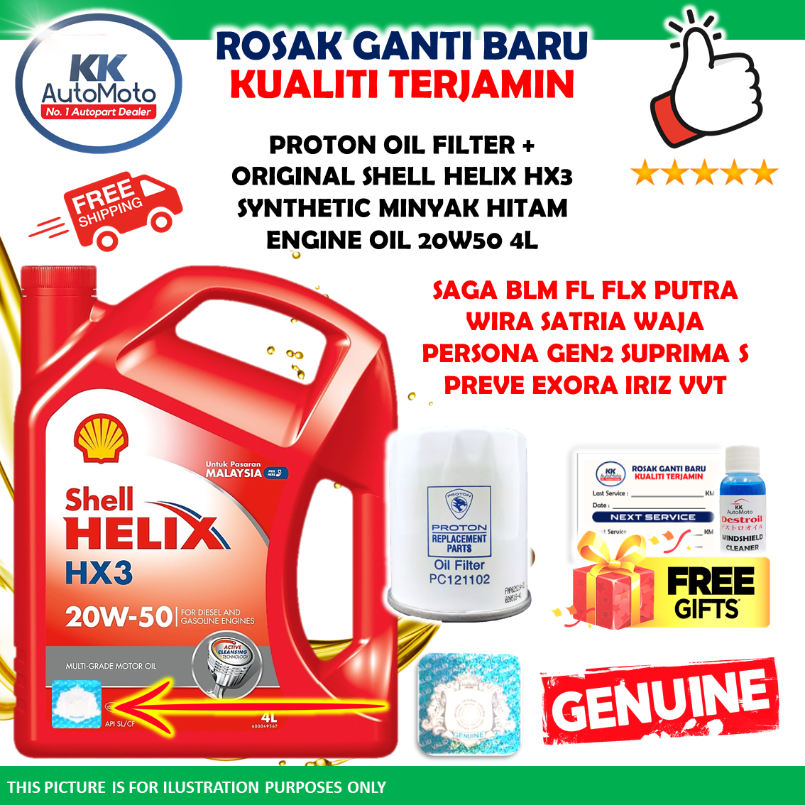 Original Shell Helix HX3 Mineral Engine Oil 20W-50 20W50 + Genuine Proton Oil Filter Putih PC121102 Wira Saga Iswara Juara Arena