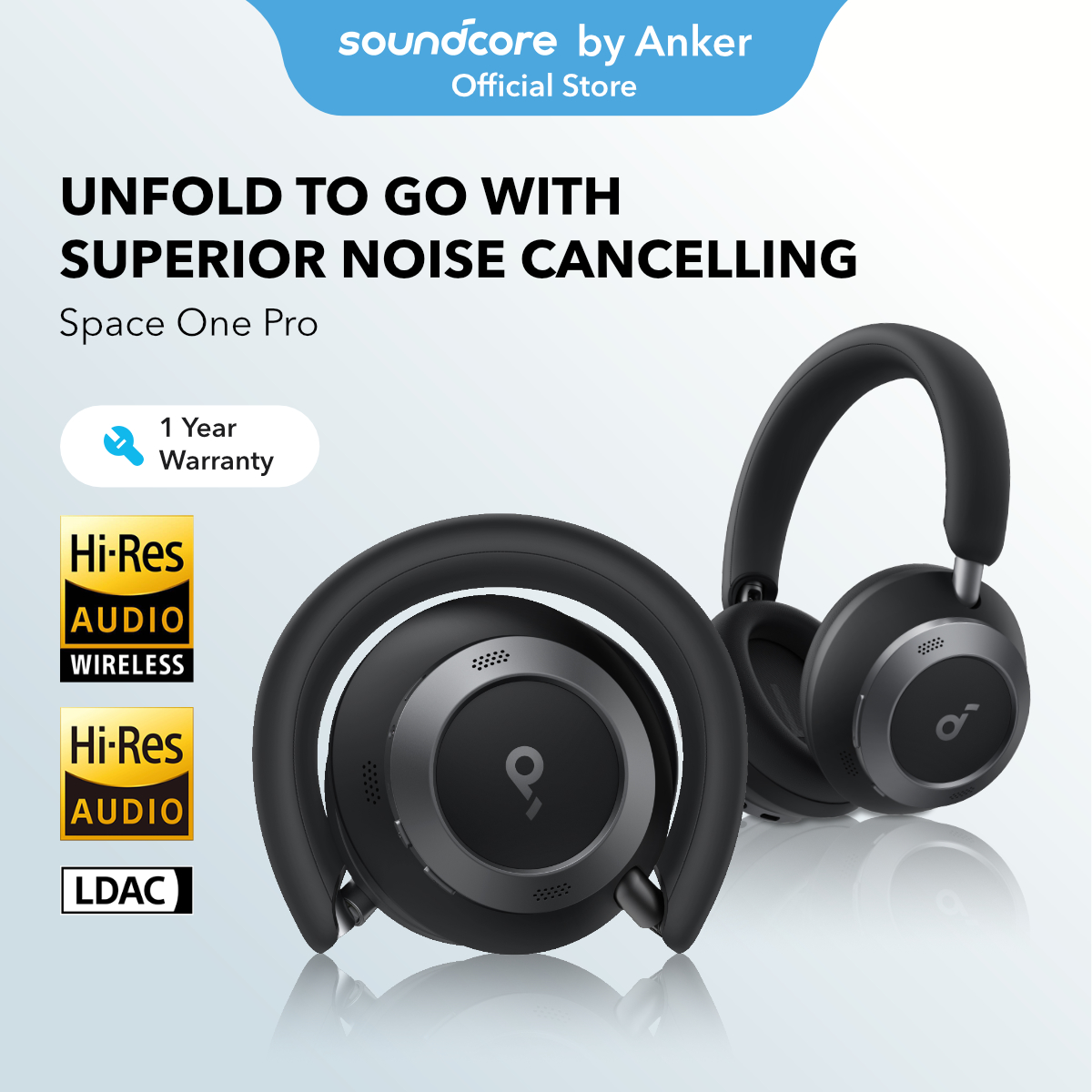 soundcore Space One Pro, Adaptive Active Noise Cancelling Headphones, Super Foldable Design, 60H Lossless Audio, Ultra-Fast Charging, Hi-Res Wireless Audio with LDAC, Comfortable Fit