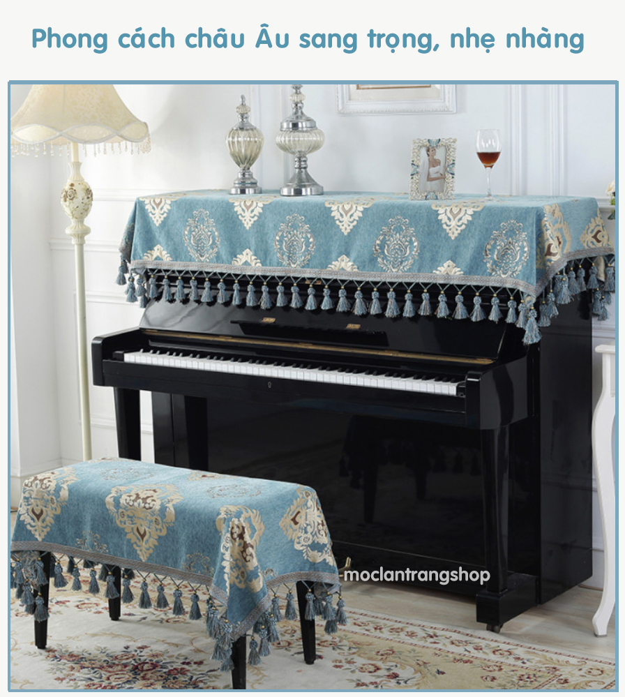 Khăn phủ đàn piano gấm lụa thêu họa tiết châu Âu sang trọng màu xanh, tấm che phủ đàn piano cơ điện chống bụi thời trang