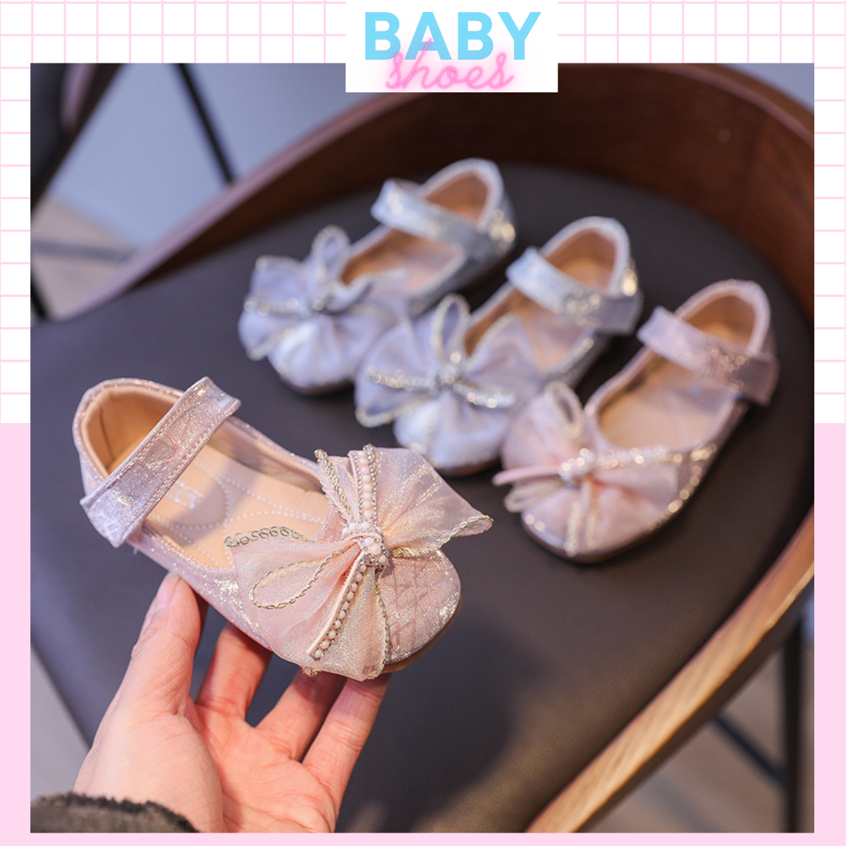 Giày búp bê tim lưới có nơ xinh xắn cho bé gái , Hài bé gái, Sandal bé gái, Giay tap di cho be, Giay the thao cho be mã B-2
