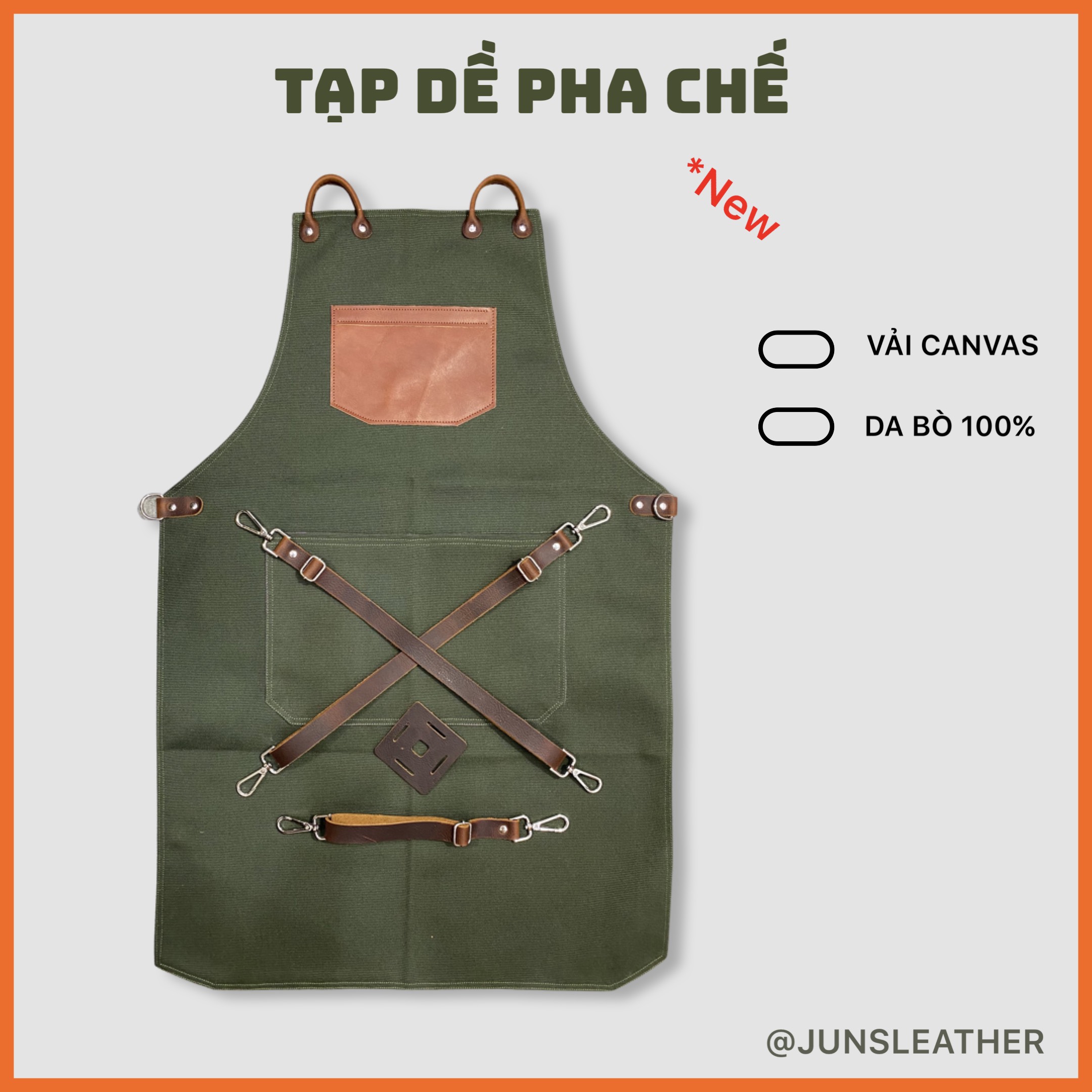 Tạp dề pha chế vải canvas dây da của Junsleather phối da bò cao cấp dành cho Barista/Bartender quán cà phê