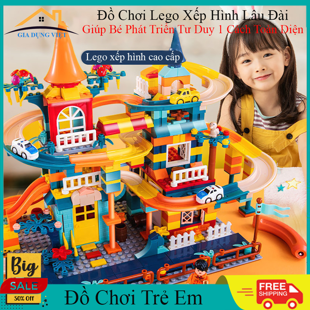 Đồ chơi trẻ em bộ xếp hình lâu đài có đường ray cầu trượt gồm 512 chi tiết, kèm xe oto và nhiều phụ kiên cho bé. Đồ chơi phát triên tư duy cho bé .