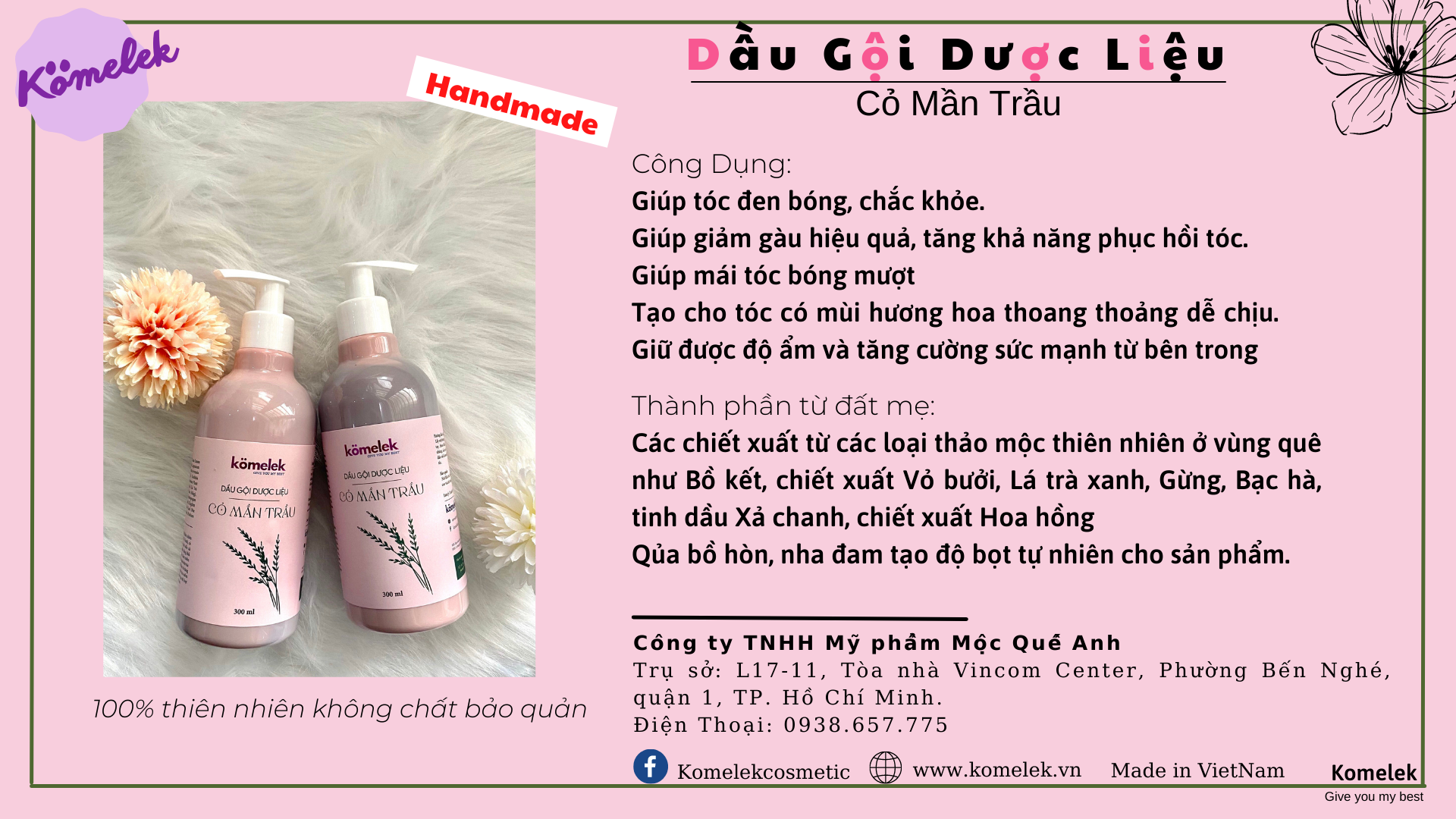 Dầu gội dược liệu cỏ mần trầu komelek handmade