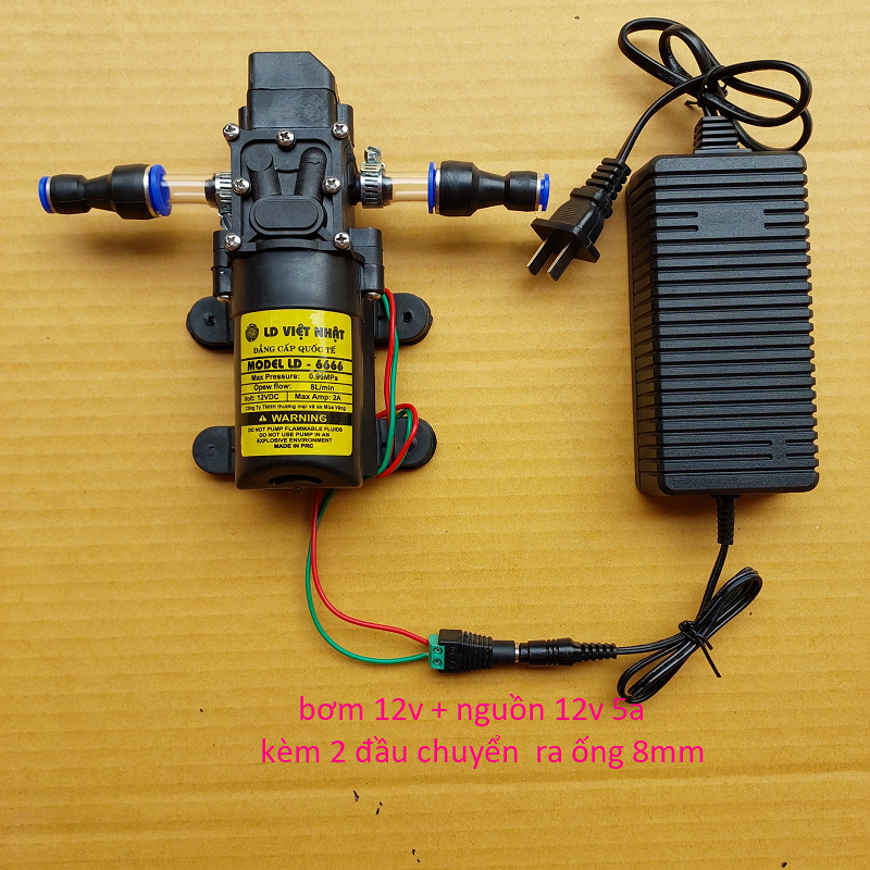bơm nước mini 12V áp lực cao kèm nguồn 12v-5A + 2 đầu chuyển ra ống 8mm  ( bơm+ nguồn+ 2 đầu chuyển)