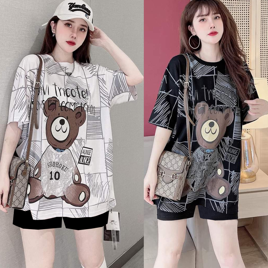 Đồ bộ thun đùi form rộng in họa tiết gấu in 3D