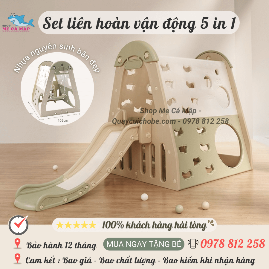 Set liên hoàn vận động cho bé 5 in 1, Set liên hoàn cầu trượt xích đu chịu tải 80kg