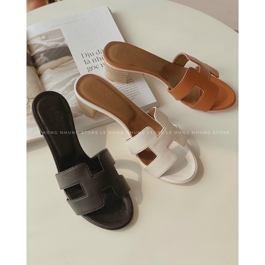 [SenXanh] Guốc H da sần gót trụ kẻ thấp - 3P