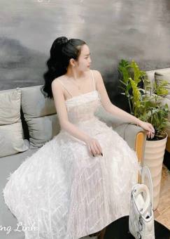 Đầm Nữ đi tiệc 2 dây xòe sang trọng quyến rũ chất liệu Lông vũ cao cấp