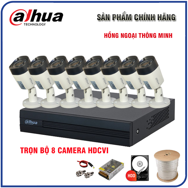 Trọn bộ 8 camera giám sát DAHUA HDCVI Độ nét cao, góc rộng, Hồng ngoại thông minh Cao cấp - Đủ phụ kiện để lắp đặt