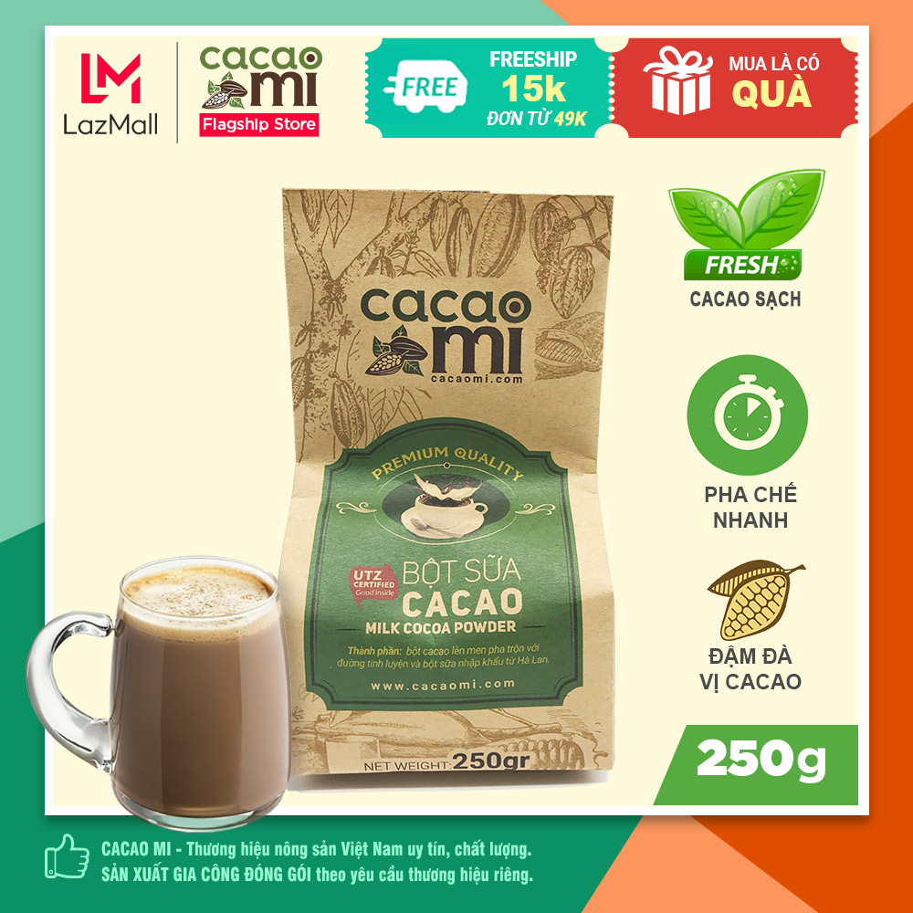  Bột cacao hoà tan pha sẵn có đường đậm đà vị ca cao nguyên chất CACAOMI dùng pha chế thức uống socola nóng trà sữa milo dầm làm bánh thơm ngon 250g 
