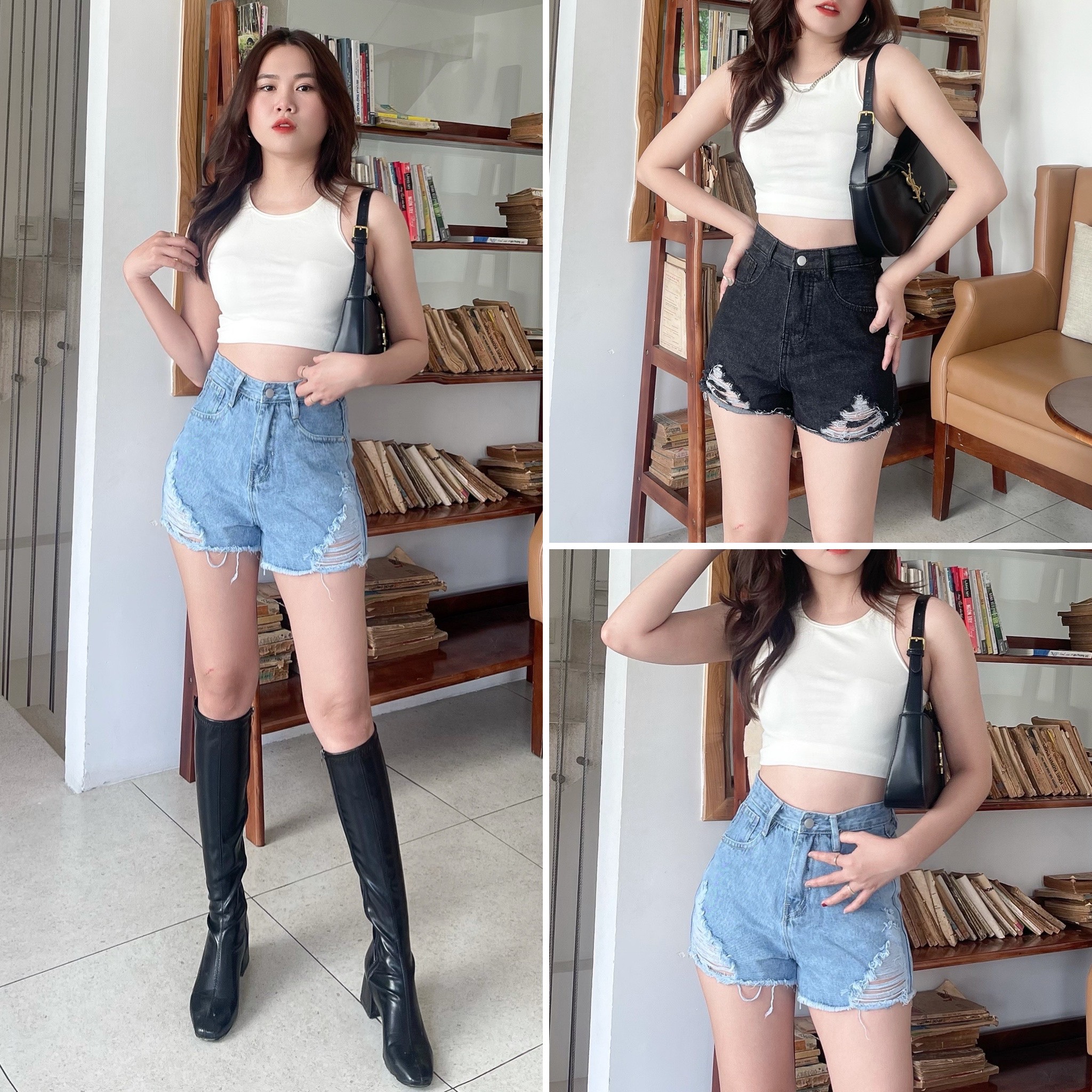 Quần sọt jeans lưng cao tôn dáng st-jeans quần đùi nữ rách màu đen