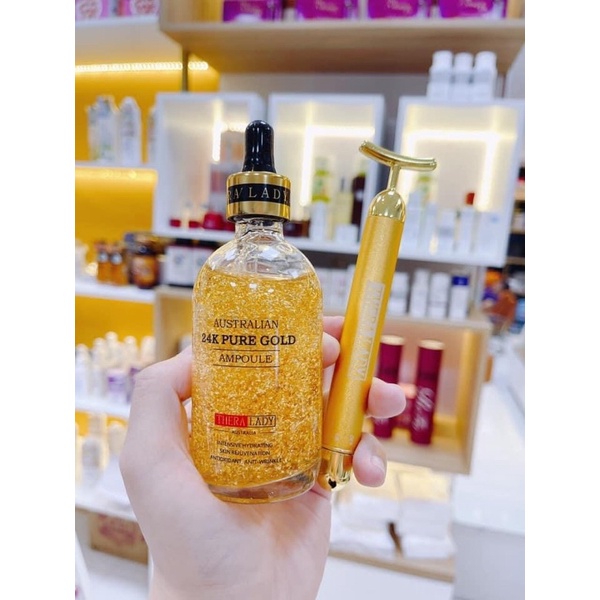 Combo serum vảy vàng 24k pure gold ampoule thera lady 100ml + thanh lăn beauty bar 24k"