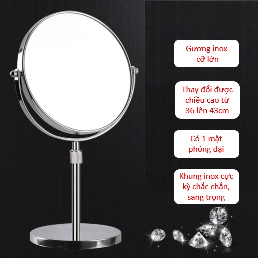 Gương để bàn, gương trang điểm inox nhiều size từ nhỏ tới lớn có 2 mặt xoay 360 độ zoom gấp 2 lần