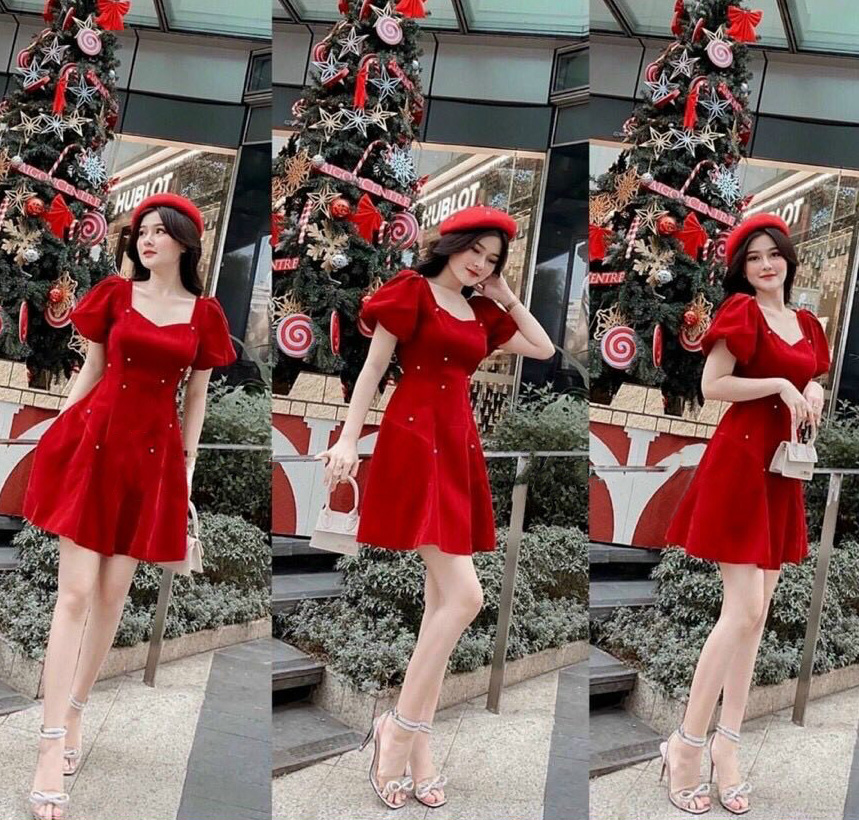 [Hàng Mới] Đầm Váy Nữ Dáng Xòe Tay Phồng Đính Hạt Cườm Tông Màu Đỏ Hấp Dẫn ( Có Mút Ngực ) Thời Trang Kiểu Cách Đi Chơi, Đi Dự Tiệc D.ONE FASHION, Mẫu Free Size (40-55Kg) Mặc Vừa