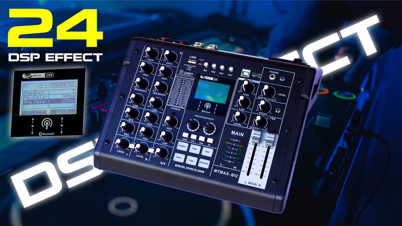 -bàn trộn âm thanh mixer mtmax b12 công nghệ hiện đại 4 kênh 24 hiệu ứng vang số dsp có bluetooth, tích hợp nguồn 48v - kết nối máy tính, điện thoại thu âm, livestream, hát cực chất