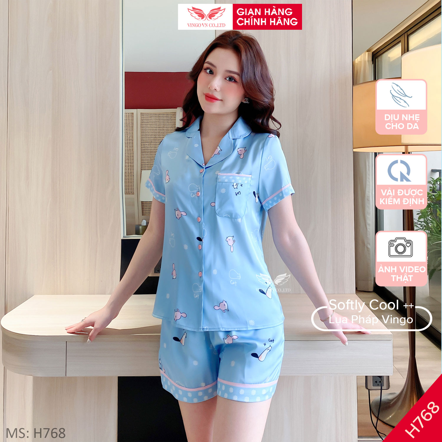Đồ bộ nữ pijama mặc nhà lụa cao cấp mùa hè Vingo tay ngắn quần đùi màu xanh hoạ tiết trẻ trung thiết kế độc quyền H768 VNGO TCQC