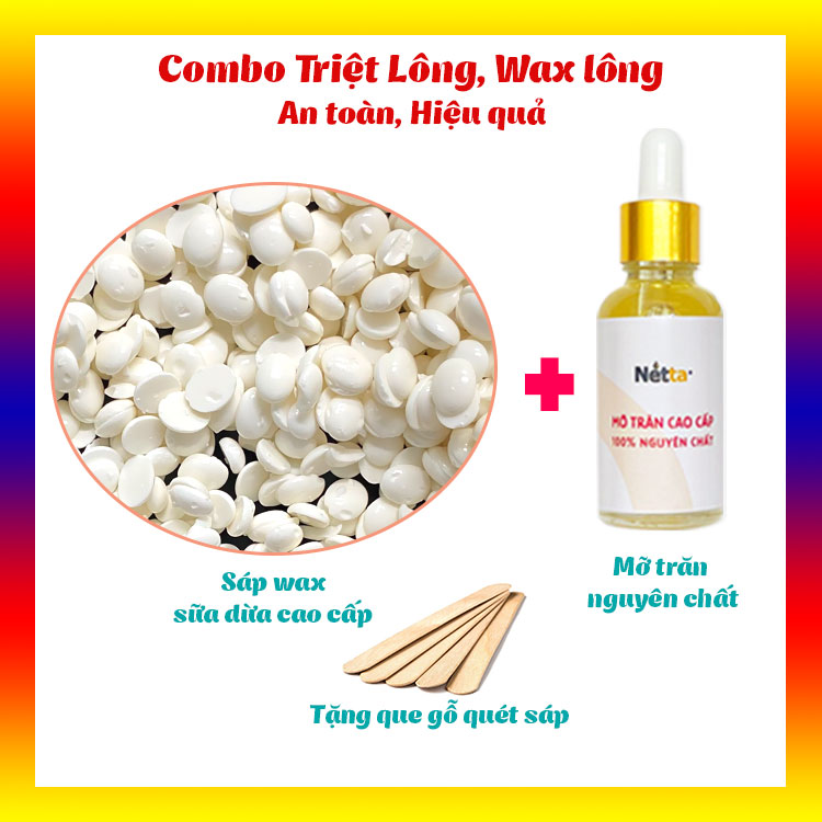 Combo Triệt Lông, Wax Lông dành cho da nhạy cảm hiệu quả, an toàn - Sáp wax lông sữa dừa coconut, 10ML mỡ trăn triệt lông - Tặng que gỗ waxing - Wax triệt lông nách, wax lông vùng kín, wax lông chân tay, wax ria mép, wax râu