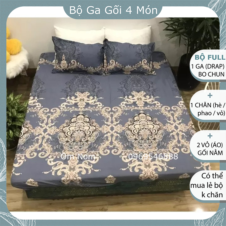 Bộ chăn ga gối đệm đẹp, cute chất Cotton Hàn Quốc, giá rẻ, BỘ 4 MÓN: 1 drap giường, 2 vỏ gối nằm, 1 chăn, họa tiết HOÀNG GIA GHI cổ điển sang trọng