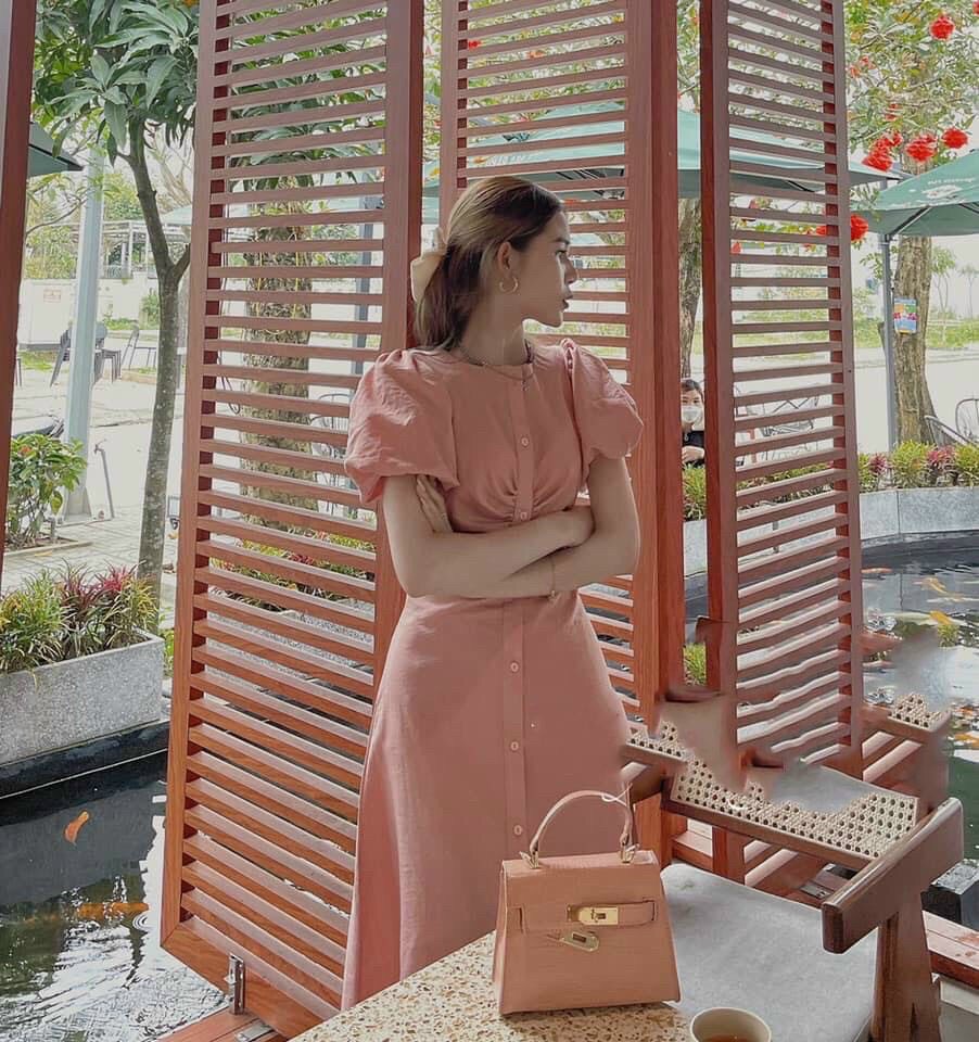 Đầm vintage nữ cổ tròn, đầm nữ tay phồng màu hồng, đầm maxi HÀn Quốc đi biển, váy nữ xẻ tà, đầm tiểu thư Hàn Quốc dễ thương