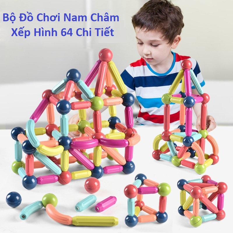 Bộ xếp hình nam châm 64 chi tiết - bộ xếp hình nam châm thế hệ mới - xếp hình lego thông minh đồ chơi phát triển trí tuệ cho các bé.