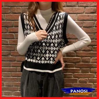 Áo gile len nữ họa tiết thổ cẩm quả trám màu đen trắng dễ mặc dễ phối đồ PANOSI - A129