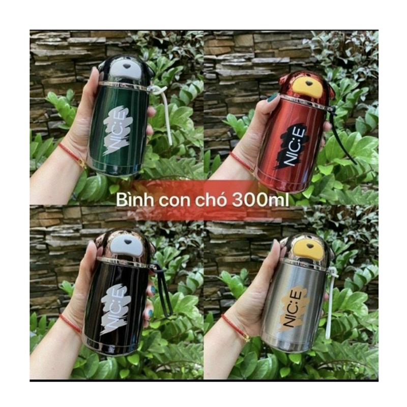 Bình giữ nhiệt inox 2 lớp 300ml Nắp họa tiết hình Con Chó